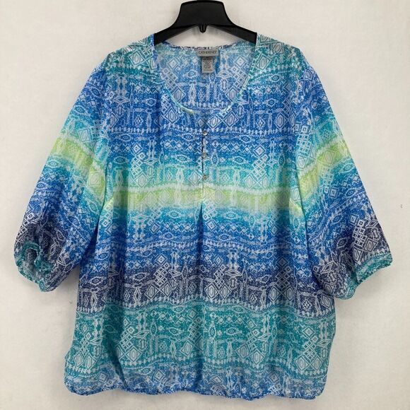 Catherines 2X Boho Peasant Top Blue Green Ombre Print 3/4‎ Sleeve Lightweight - Picture 1 of 10